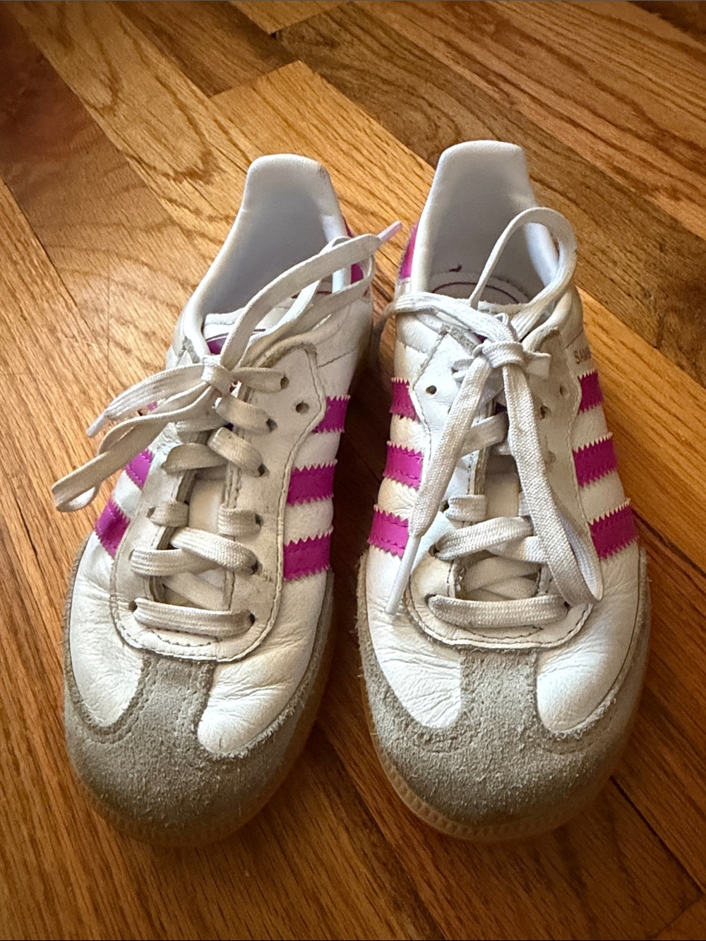 adidas Originals Kids Samba Sneakers White with Pink Stripes and Gum Sole - Picture 3 of 9